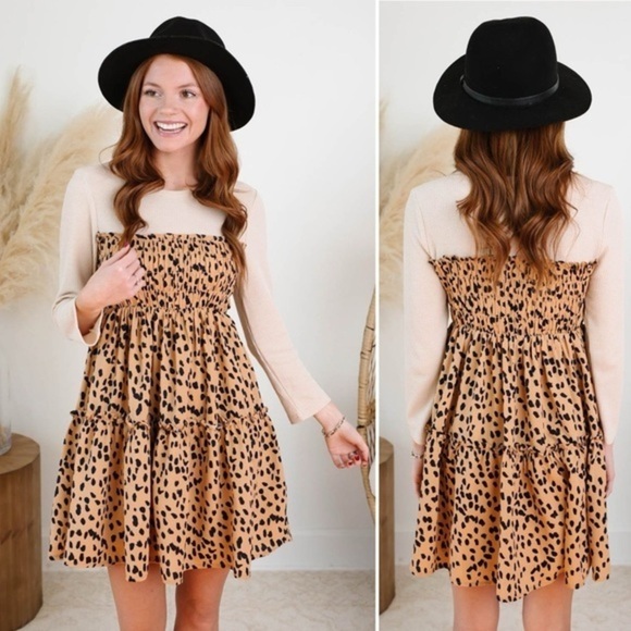 entro Dresses & Skirts - 🧨 Anthropologie Dresses | Entro Taupe Waffle Knit Smocked Animal Print Dress